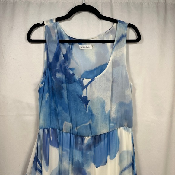 Calvin Klein Blue Watercolor Floral Chiffon Handkerchief Hem Maxi Dress Women 12 - Picture 2 of 9